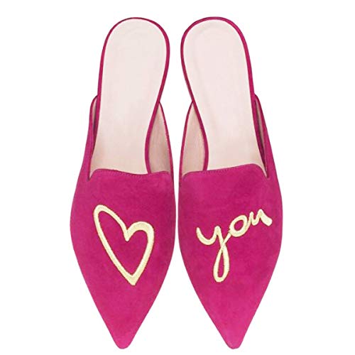 Fericzot Women's Velvet Backless Pointed Toe Slip On Loafers Flats Embroidery Mule Slippers Shoes Rose-Love U 8 #TOP7