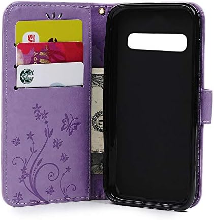 Samsung Galaxy S10 Case Premium PU Leather Flip Phone Cover Butterfly and Flower Embossed Wallet Protective Case for Samsung Galaxy S10 with [Kickstand] Card Holder, Light Purple