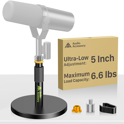 AA AUDIO ACCESSORY Support pour microphone de bureau court, Ultra bas 12,7 cm réglable, capacité de charge 3 kg, support de table pour microphone de bureau...