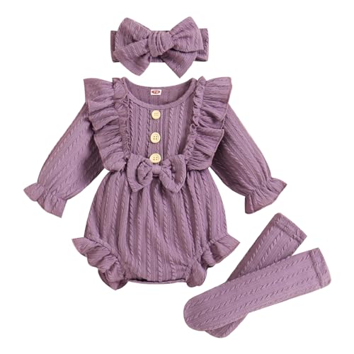 Image of ZAXARRA Newborn Baby Girls Clothes Long Sleeve Button Front Ruffle Romper Socks Headband 3Pcs Set Fall Winter Outfits
