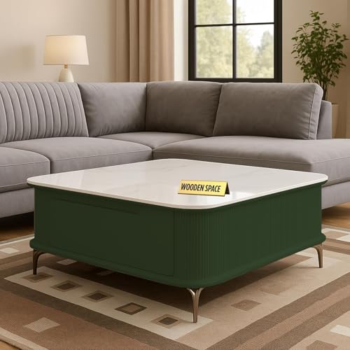 Image of WOODEN SPACE Premium Solo Marble-Top Wooden Center Table for Living Room | Iron Legs | PVD Coating | Modern Entryway Furniture | Coffee Table (Dark Green)