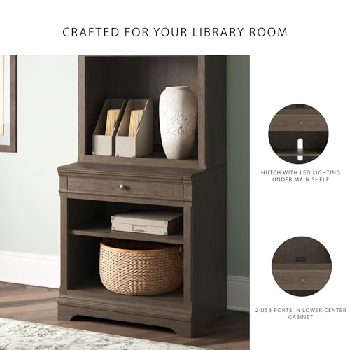 Signature Design by Ashley Janismore Transitional Bookcase with 1 Drawer, 1 Cabinet, 1 Shelf and LED Light, Dark Brown