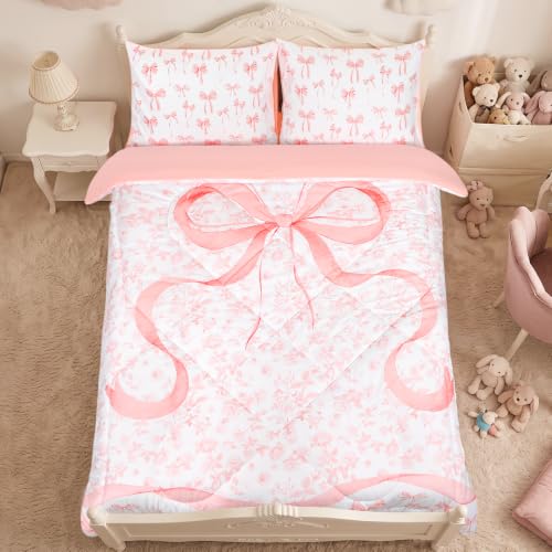 Image of Girls Twin Bedding Set, Pink Bow Twin Comforter Set for Girls Kids Bedding Set with 1 x Reversible Comforter, 1 x Fat Sheet, 1 x Fitted Sheet, 2 Pillowcases, Pink Bow