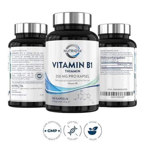 Vitamin B1 (Thiamin) Hochdosiert 250 mg Kapseln – 180 Kapseln – Veganfreundlich – Von Nutriota