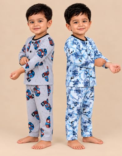 Image of 3BROS Kids Pure Cotton Night Suit Set | Boys Girls Printed Sleepwear Shirt & Pajama Clothing Combo | Soft Breathable Night Dress Outfit | Pack of 2