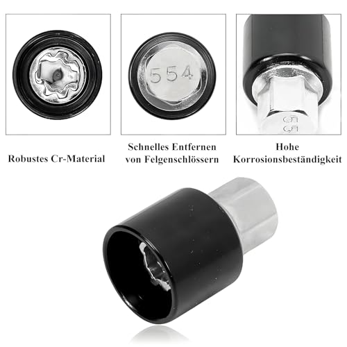 Raheem 554 Felgenschloss Adapter Schlüssel Entfernen Ausdreher Demontagewerkzeug Radschrauben Radsicherungsmutter Reifen Diebstahlsicherer für Leon 5F Alhambra Ibiza Ateca Arona Altea XL Toledo Exeo