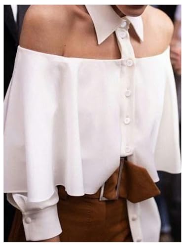 GORGLITTER Women's Off Shoulder Tops Collared Ruffle 3/4 Length Sleeve Button Down Trendy Blouse Shirt4