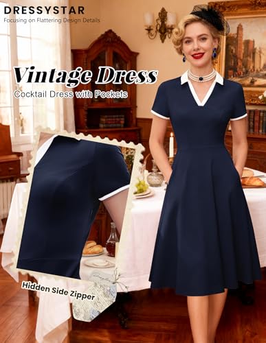Image of Dressystar Women's 1950s Vintage Swing Dress Short Sleeve V Neck A Line Retro Rockabilly Cocktail Party Dresses With Pockets
