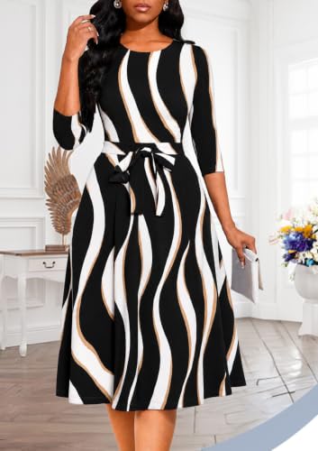 Image of Casual Dresses for Women Midi Church A-Line Fit and Flare Dress Crewneck 3 /4 Sleeve Party Dress