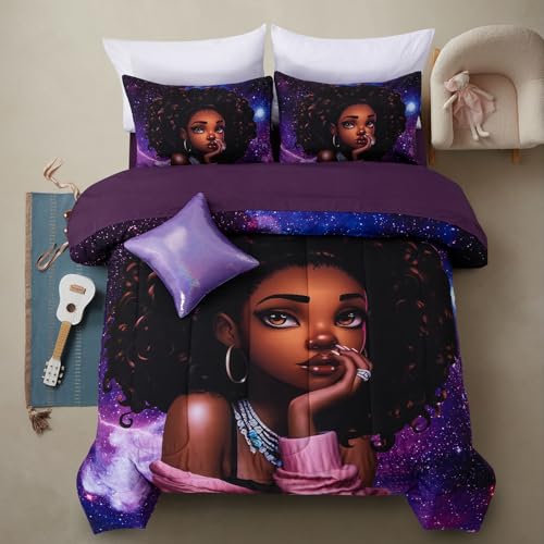 A Nice Night Purple Gradient Galaxy Printed Bedding Sets,Black Girl with Fashionable Shinny Necklace 6pcs Comforter Set,Queen