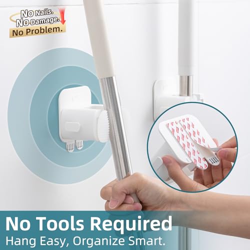 Image of TAILI Mop and Broom Holder Wall Mount Grippers, 3 Hangers and 8 Adhesive Strips, Damage Free Hanging Wall Mount, Household Cleaning Organizer for Organization and Storage, Holds up to 4 lbs, White