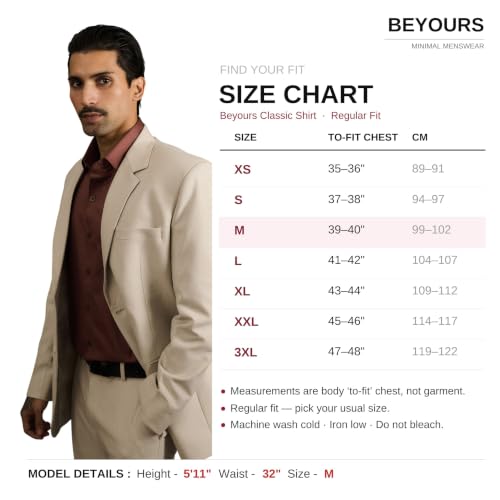 Image of BEYOURS Men's Full Sleeve Shirt Regular Fit Spread Collar 100% Cotton Satin Office & Formal.