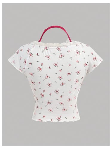 SweatyRocks Girl's Ditsy Floral Print Bow Lace Halter Top Short Sleeve Lettuce Trim Crop Tops2