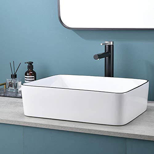 Rectangle White Porcelain Ceramic Bathroom Vessel Vanity Sink Black Trim Rectangular Art Basin by Hotis, Above Counter installation