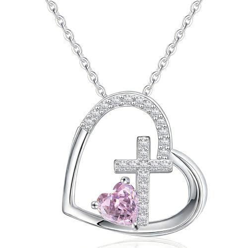 JSJOY Birthday Gifts for Women October Birthstone Necklace Heart Cross Necklace Religious Gifts for Women Faith Based Gifts Teen 13 16 Year Old Gift Christian Baptism Christmas Gift