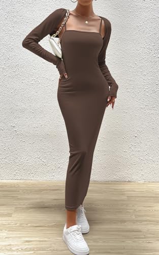 Image of Women's Spring Fall 2 Piece Outfits Slip Bodycon Maxi Dress and Long Sleeve Cropped Cardigan Knit Matching Sets