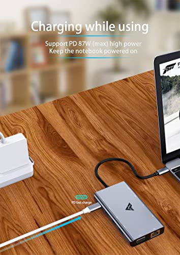 Image of Vaku Luxos Axel USB C Hub, Type C Hub, 11-in-1 Adapter with Ethernet, 4K USB C to HDMI, VGA, 2 USB3.0 2 USB2.0, Micro SD /TF Card Reader, Mic /Audio, USB-C Pd 3.0, Compatible for Mac Pro and Type C Laptops