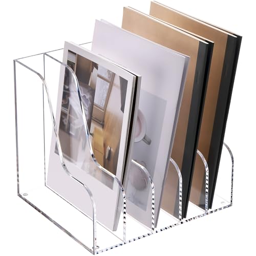 SANRUI Acrylic Desk Organizer, 5-Section Upright Magazine Holder, Clear A4