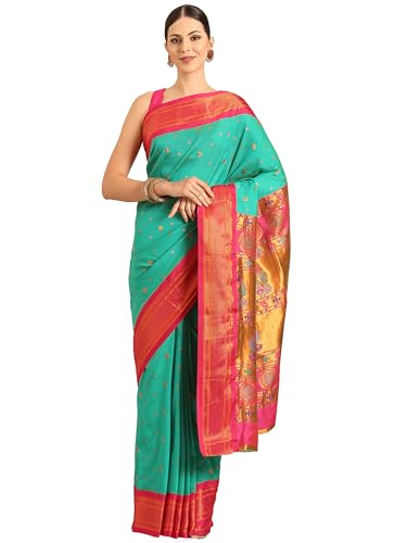 Varkala Silk Sarees sea green paithani silk saree in soft silk – image 3
