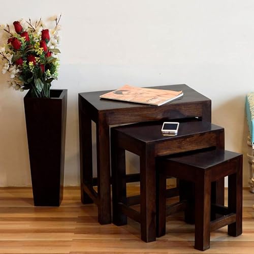 Image of TANWAR HANDICRAFT Solid Wood Nesting Table Set of 3 Stools Bedside Table Nightstand Sofa Side Table, End Table for Living Room Bedroom Home Office | Nest of Tables (Walnut Finish)