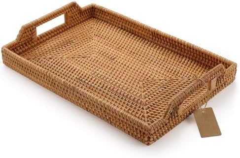Hand-Woven Rattan Rectangular Serving Tray with Handles for Break...