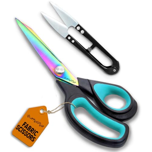 STYLIFYZ Fabric Scissors, 9.5 Inch Dressmaking Scissors, Titanium Coated Stainless Steel Sewing Scissors, Multi-Purpose Sharp Shears with Soft Grip | Including Thread Snips (Blue/Black)