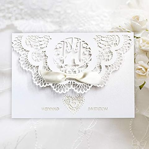 Wedding Invitations Cards,Benbilry 20x Elegant White Laser Cut Wedding Invitations Cards with Hollow Flora Favors,Printable Cardstock and Bow Silk Ribbon for Engagement Wedding Marriage Bridal Shower Cover