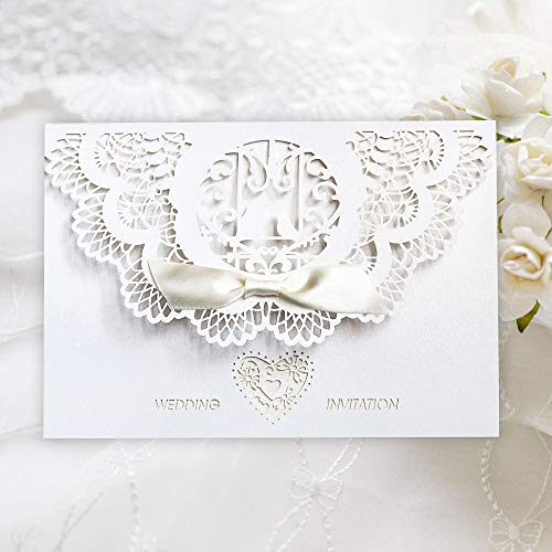 Benbilry Hochzeitseinladungen, elegant, lasergeschnitten, mit Blumen-Ausstanzungen, bedruckbarer Karton, Seidenband-Schleife, für Verlobung/Hochzeit/Brautparty, Weiß, 20 Stück Cover