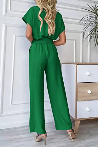PRETTYGARDEN Women's Summer One Piece Jumpsuits Belted Short Sleeve Wrap V Neck Fashion Dressy Casual Wide Leg Pants Romper