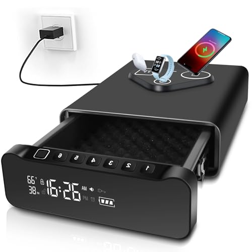 FTOP Biometric Fingerprint Gun Safe Clock Handgun Safe with 3-in-1 Watch & Phone Wireless Charging Drawer for Pistols Cash Valuables- with Humidity|Temperature| Alarm Clock|Screen (Gunmetal Black)