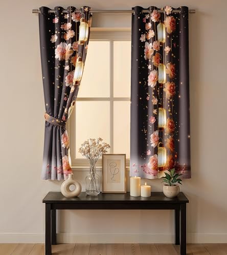 Image of Ultimate Trends Festival Themed Light Filtering Polyester Curtain Diya, Lantern, Lotus & Fireworks Print | Ideal for Diwali, Pooja Room, Living Room Dcor | Eyelets|, 6 FEET (Pack of 2)