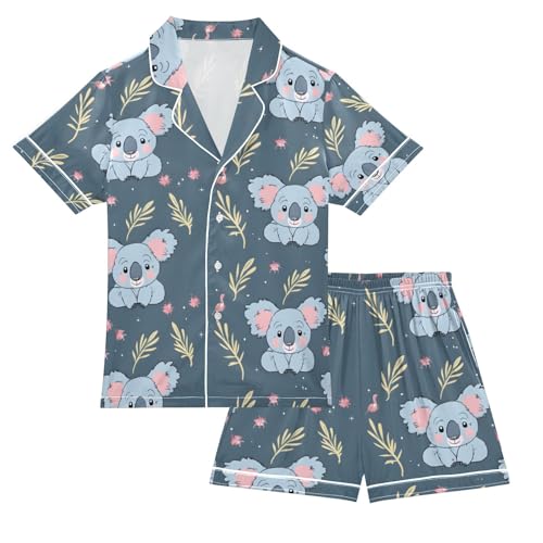 ALAZA Koala Leaves with Flower Pajamas Satin Pajama Set Short Sleeve Button Down Sleepwear