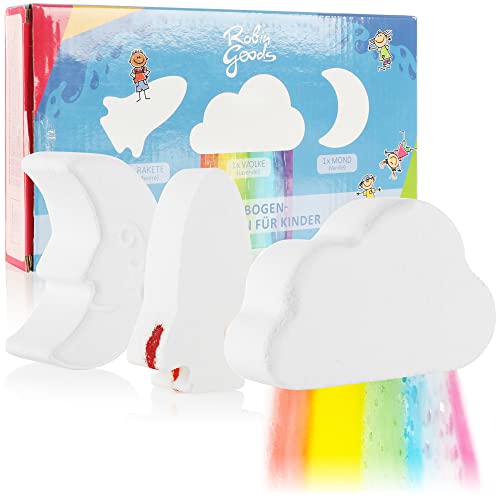 Robin Goods® 3X Badebomben für Kinder - Rakete, Wolke und Mond - Badekugeln mit Regenbogen-Effekt - Home-SPA - Wellness für die Kleinen - bunt (3 Stück - Regenbogen) Cover