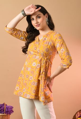 Image of feranoid Floral Print Angrakha 3 Sleeves Flared Kurti