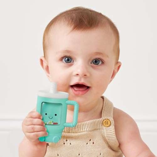 Image of Itzy Ritzy Silicone Rattle Teether- BPA-Free Silicone Teether with Rattle for Babies & Toddlers - Features a Gentle Rattle Sound, Colorful Beads & Multiple Textures (Travel Cup)