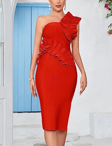 Image of houstil Women's One Shoulder Wedding Guest Dress Side Split Bandage Bodycon Midi Cocktail Club Dresses