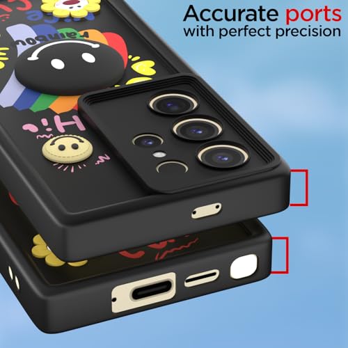 Image of Pikkme Back Cover for Samsung Galaxy S24 Ultra 5G | Soft Silicone| Cute Rainbow Smile & 3D Cartoon Flower Design | Shockproof Raised Camera Protection Bumper Case (Black)