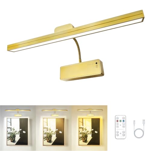 Image of MIOBLUE Picture Light for Wall, 4800mAh Rechargeable Wireless Remote, 15in Dimmable Timer LED Art Display Light with 3 Color Modes for Gallery, Dartboard, Living Room, Bedroom, Hallway-Gold