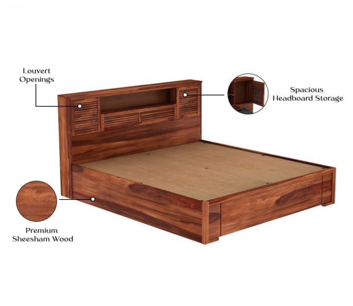 Image of Solid Wood Bed with Storage | Modern Wooden Bed with Slatted Headboard | Strong & Durable Bed Frame for Bedroom Home & Hotel (Honey Finish, King)