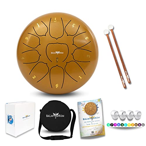 The Balmy Drum - 11 Note 10 Inch Steel Tongue Drum, Steel Drum Instrument, Drums For Children and Adults, Balmy Drum Set for Kids with Music Book, Handpan, Mallet and Carry Bag (Gold)