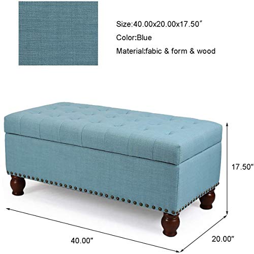 Asense Fabric Rectangle Tufted Lift Top Storage Ottoman Bench, Footstool with Solid Wood Legs, Nail-Head Trim
