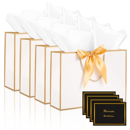 Realjoy 4 Bolsas de Regalo con Lazo,Bolsas de Papel de Cumpleaños con 4 Tarjetas y 8 Papeles de Seda,28 x 20 x 10 cm, Bolsa Regalo para Bodas,Navidad,Fiestas de Cumpleaños (Blanco)
