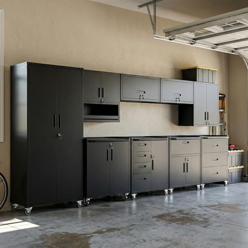 Image of 9-Piece Heavy Duty Steel Garage Cabinet System | All-in-One Modular Garage Cabinet Set for Ultimate Workshop Organization | Easy Assembly Garage Storage Cabinets & Tool Bench (Black)