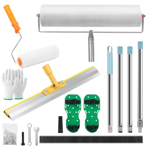 Bodenbeschichtung Set für selbstnivellierende Böden & Epoxidharzbeschichtung: Doppelte Entlüftungsrollen (2 Größen), Rakel, Stachelschuhe, Teleskopstiel, Schutzhandschuhe, stachelwalze ausgleichsmasse