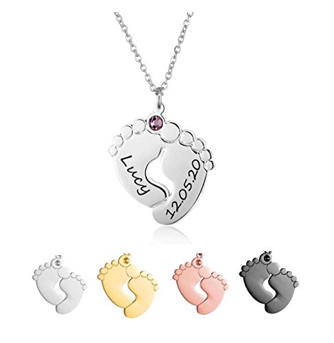 Personalized Stainless Steel Baby Feet Necklace with Birthstone, Customized Name Pendant Necklace Gift for Mother, Custom Stainless Steel Necklace