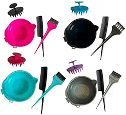 Kit 4 em 1 Profissional Cumbuca Massageador Capilar para Cabelos e Químicas | Cumbuca Graduada, Pincel de Aplicação Fino, Pente Multiuso e Massageador de Silicone