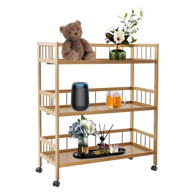 3-Tier Bamboo Rolling Cart, Kitchen Serving Cart, Storage Rack Utility Mobile Trolley with 4 Wheels for Home Bar Living Dining Room (27.5x11.8x32.3in)-oBJRLiIg