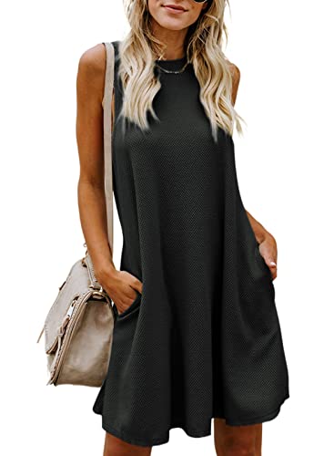 Dokotoo Womens Ladies Summer Dresses Sleeveless Crew Neck Cocktail Party Prom Dress Beach Tunic Swing Boho Dress Loose Fit Solid Color Short Flowy Mini Dress Sun Dress With Pockets Black Large #TOP23