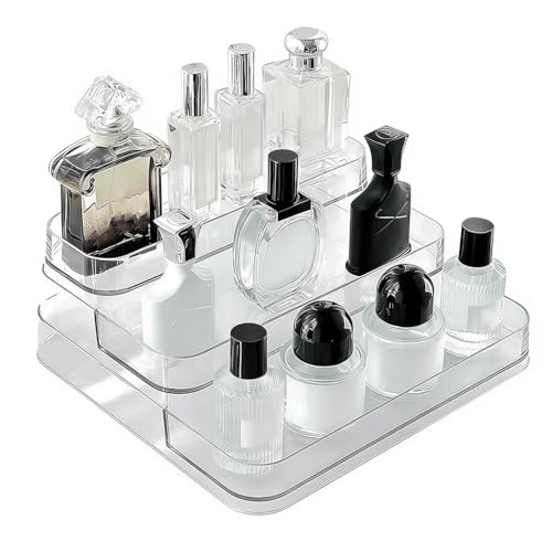 Image of MAYCREATE Perfume Display, 3 Tier Clear Acrylic Riser Shelf for Perfume with Fences, Cupcake, Gemstones, Curio, Anime Figurines, Skin Care Products for Organization and Decor