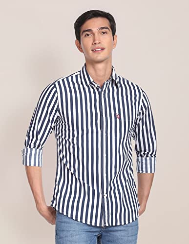 Image of U.S. POLO ASSN. Striped Tailored Fit Shirt for Men - 100% Cotton, Breathable & Comfortable, Full Sleeves Casual Shirt for Men - 48, Navy